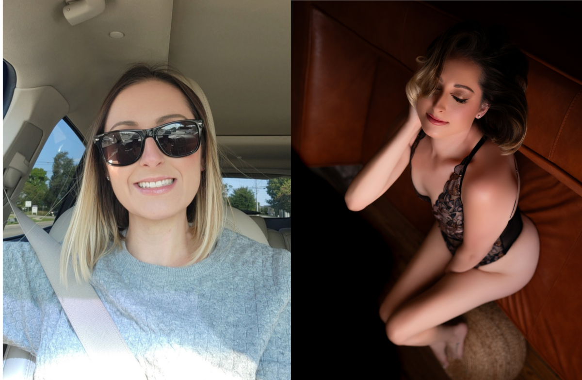 Before and after transformation showing hair and makeup from a BombShell Boudoir session