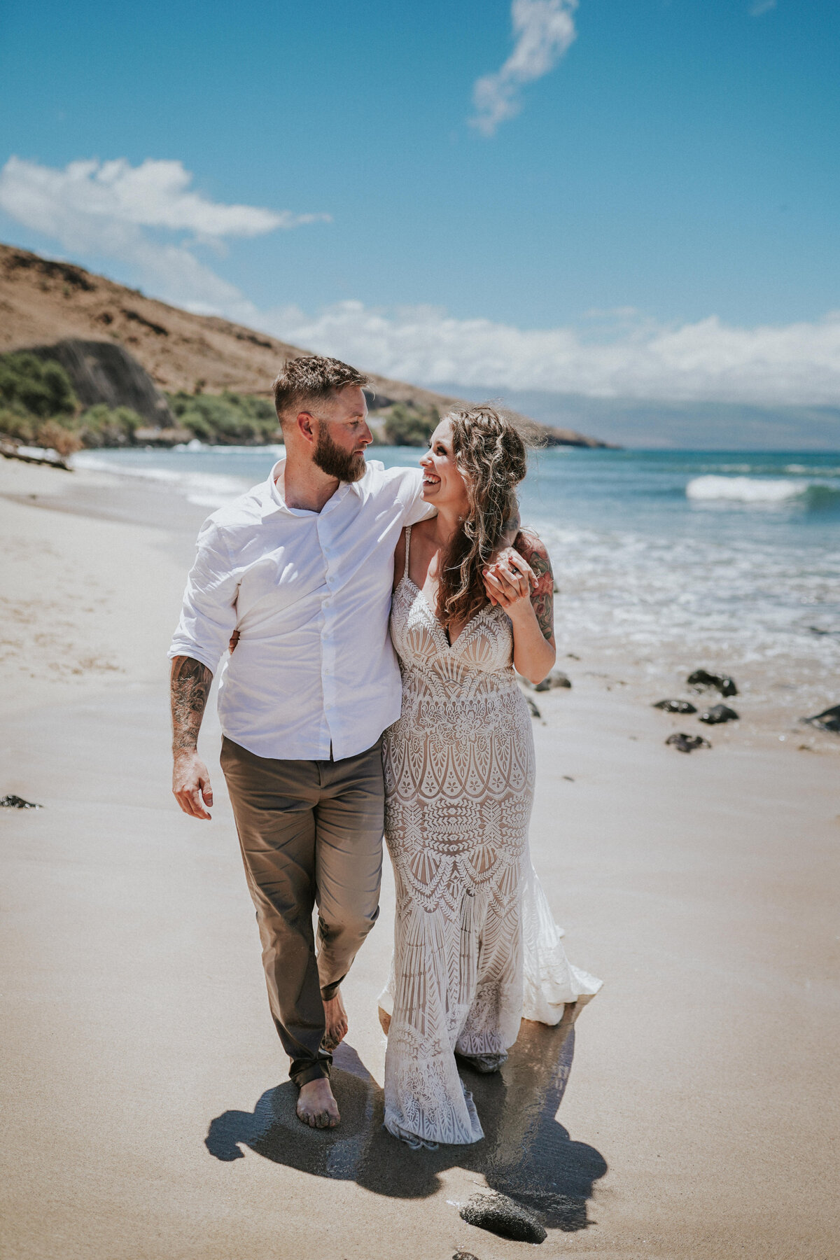 Bride and Groom Walking the Maui Beach
