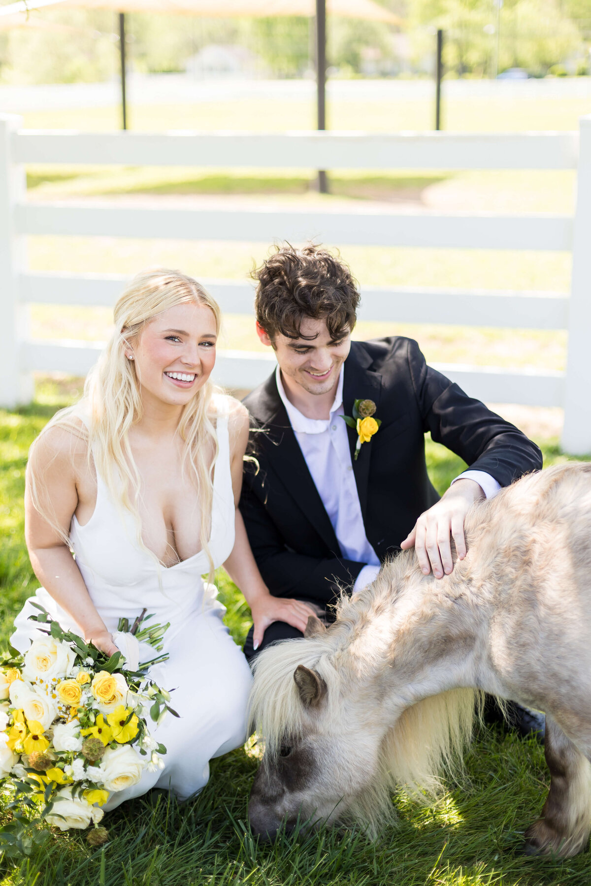Bride and groom petting minature pony