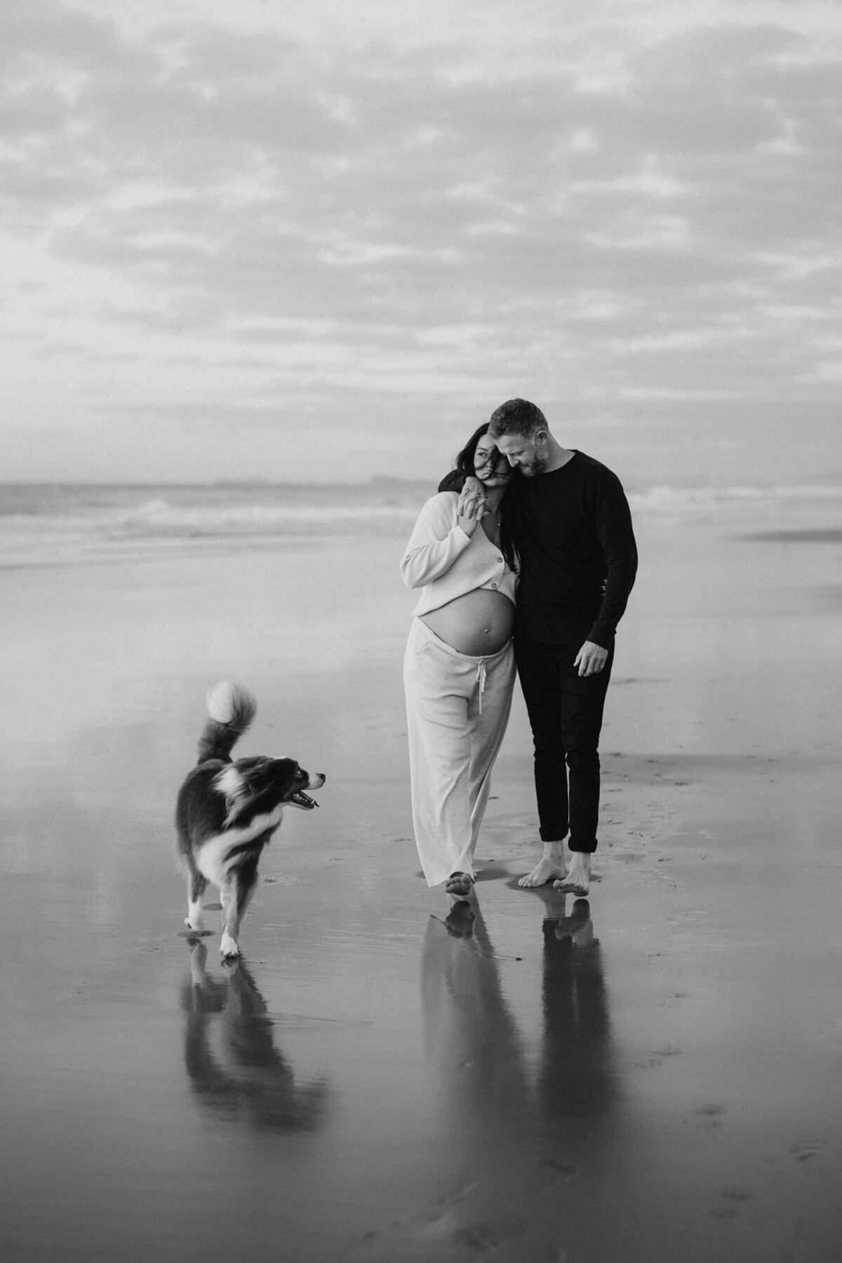 pregnant couple on a beach with their dog