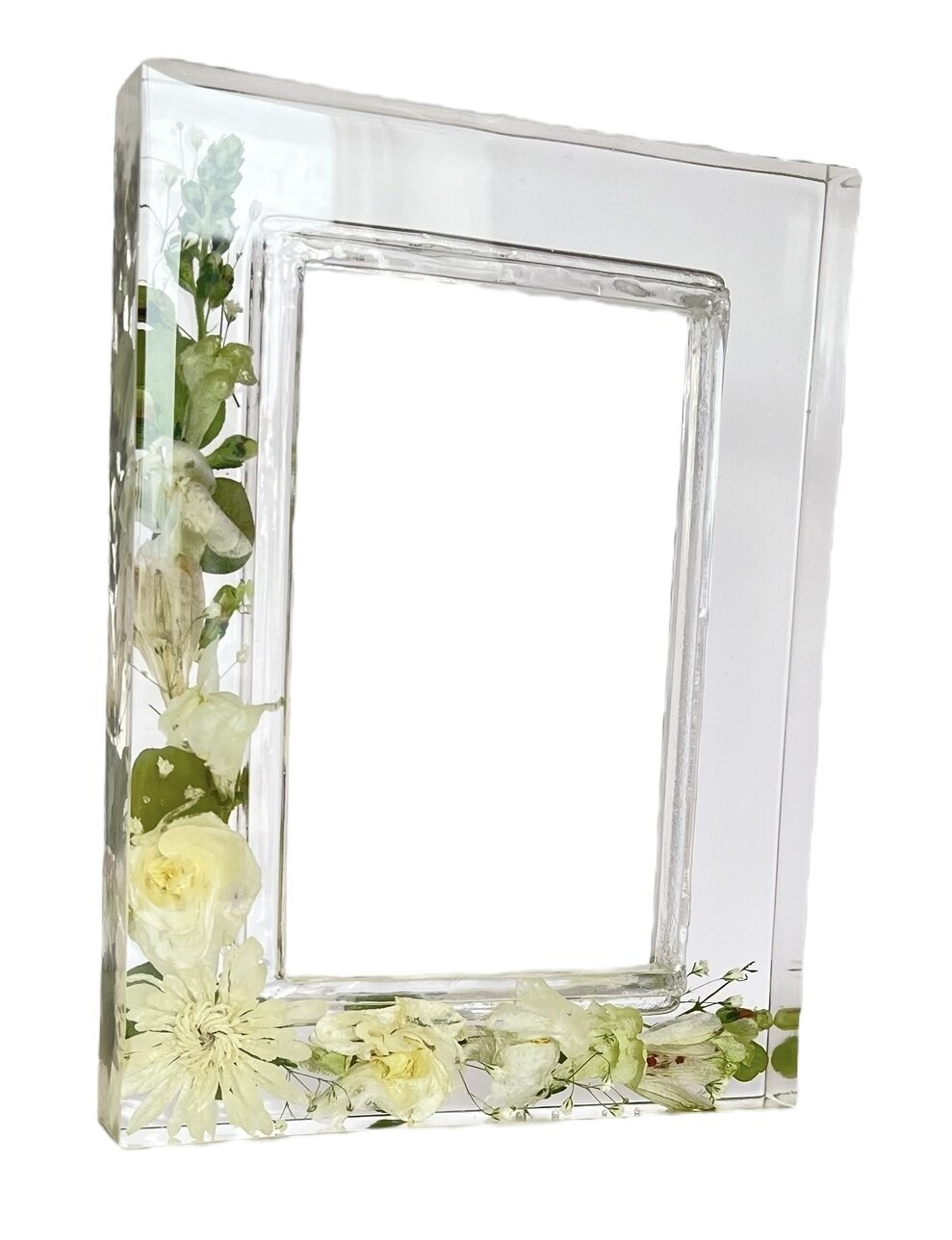 4x6 frame resin block made with white wedding flowers preserved as a family keepsake