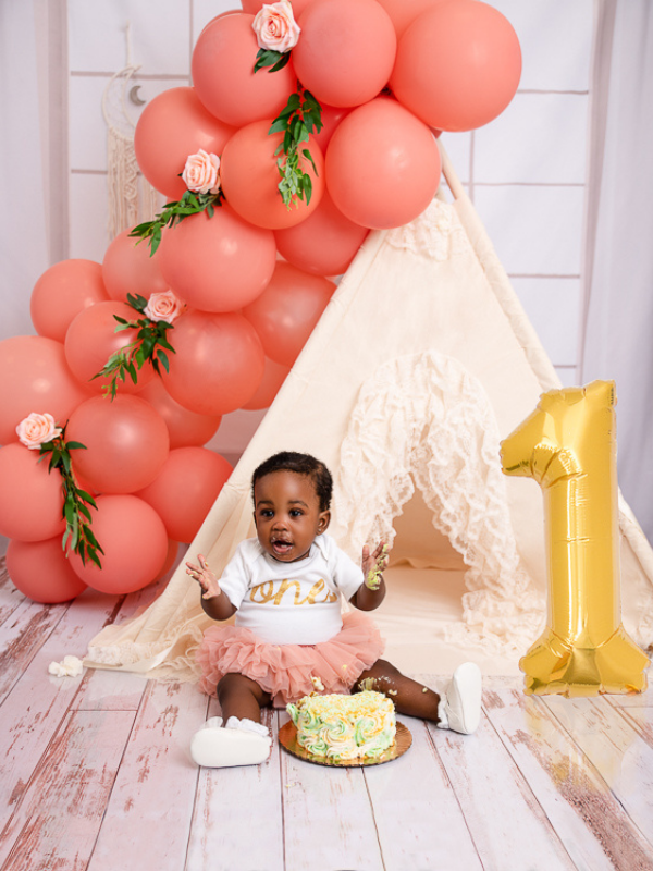 East Brunswick NJ Baby Photographer First Birthday Peach Balloon Arch