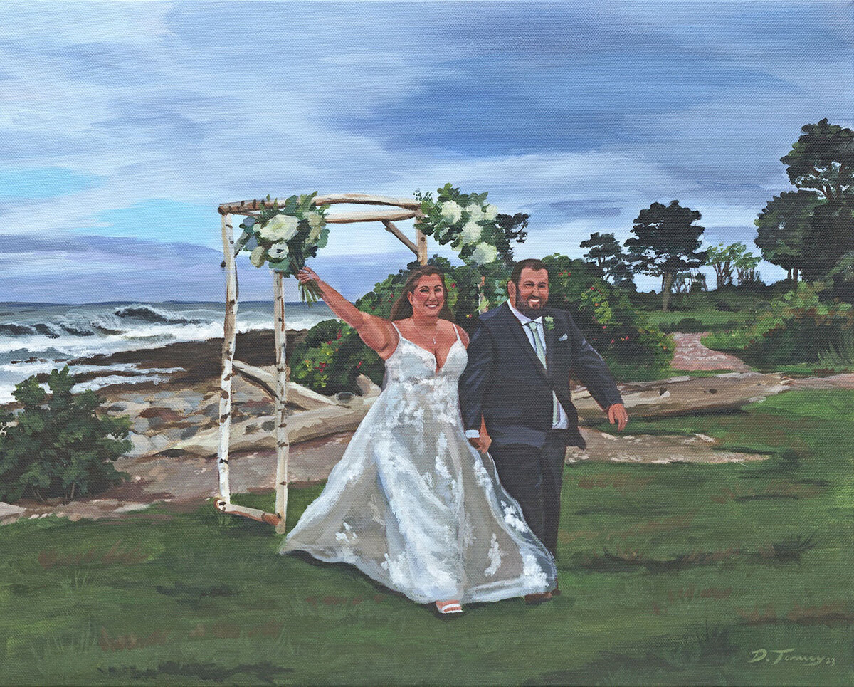 Painting of bride and groom celebrating with bouquets