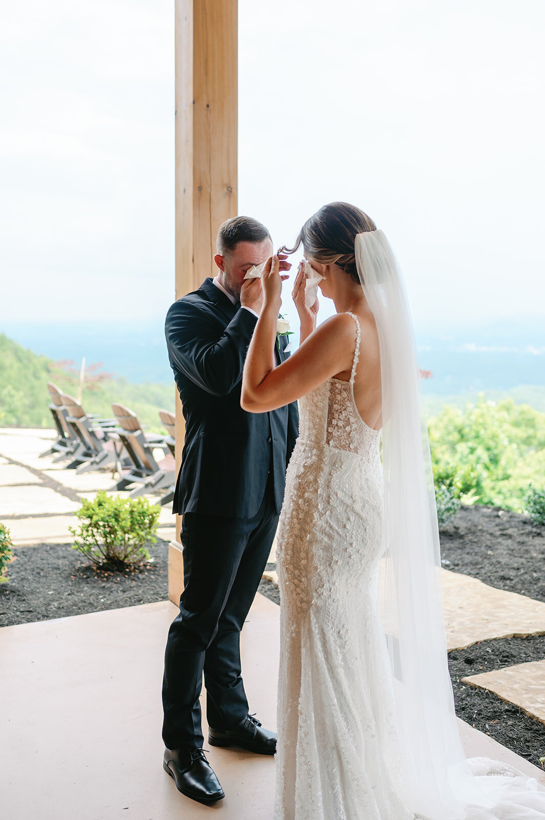 Emotional first look between a bride and groom at The Trillium