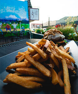 Gourmet Burger on the Patio at Stanwood Grill Restaurant