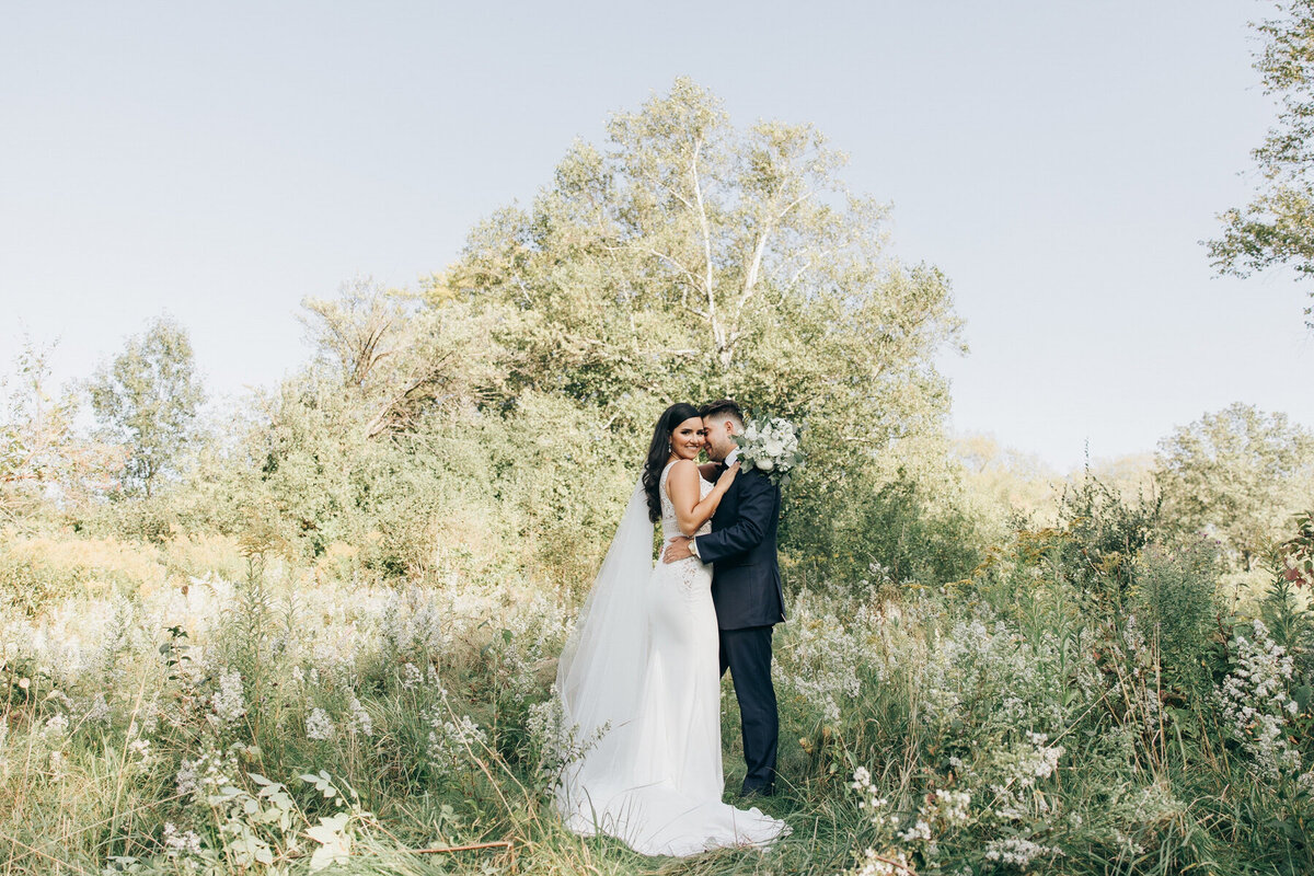 A bride and groom kissing in a field