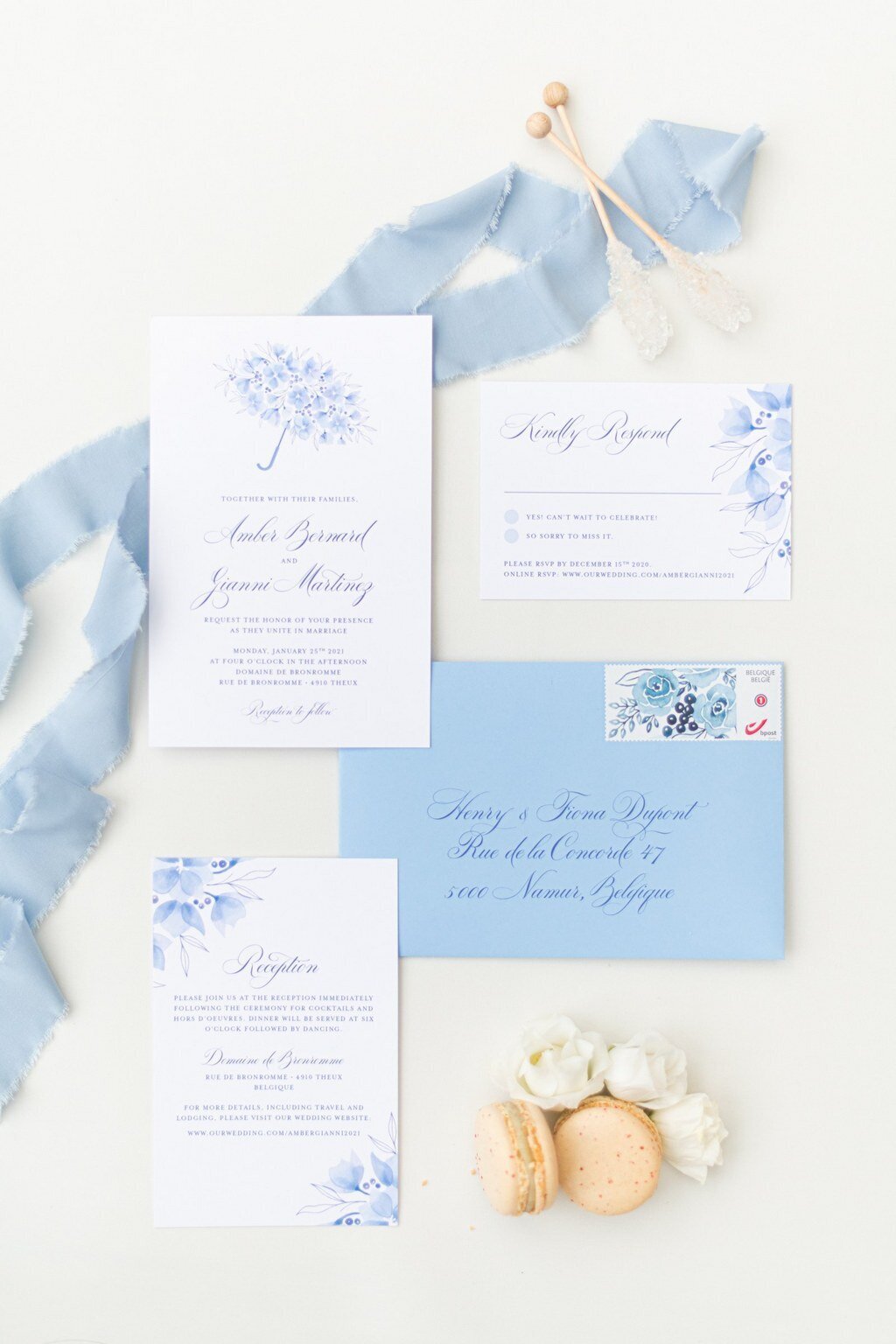dusty blue wedding invitation set for winter wedding