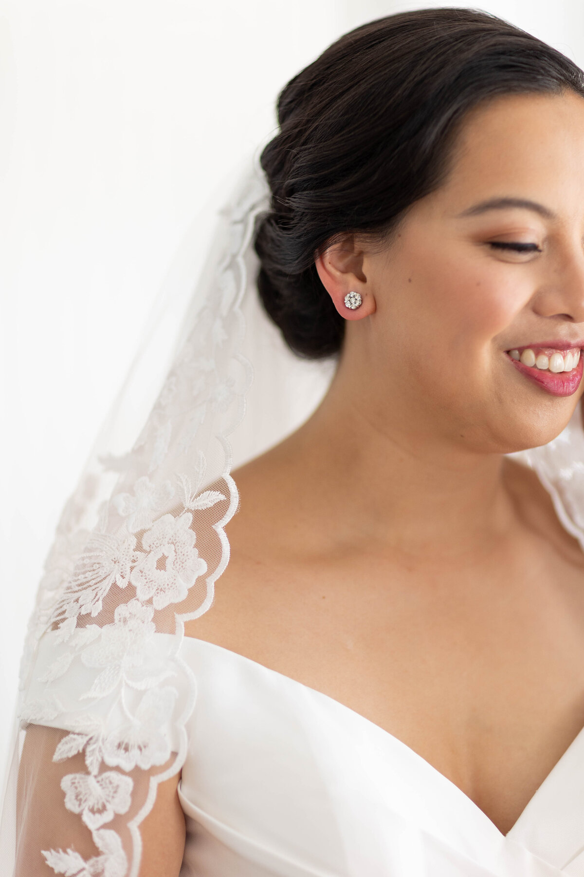 A bride and groom about to kiss