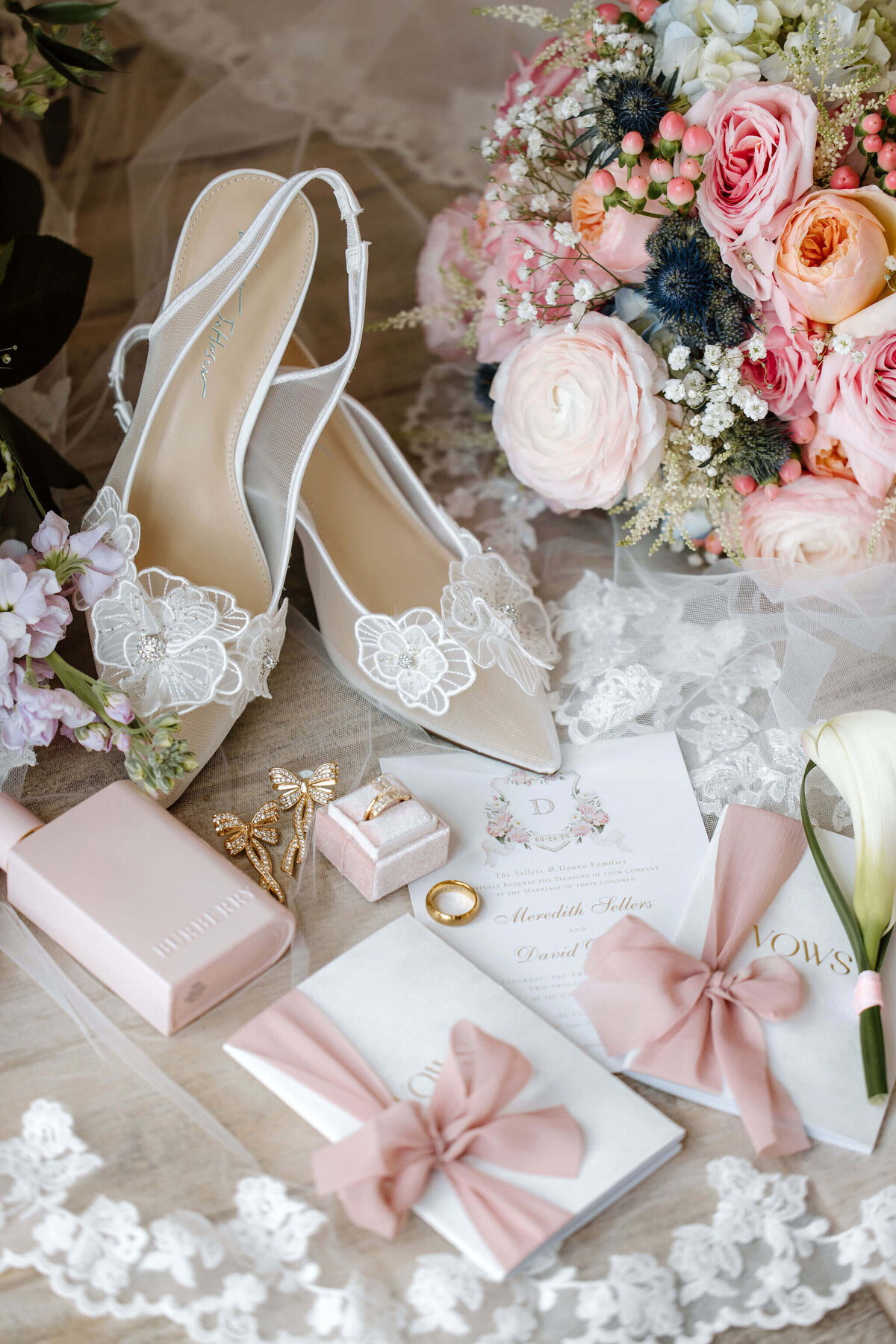 bridal shoes, jewelry, perfume, bouquet, and other wedding day details