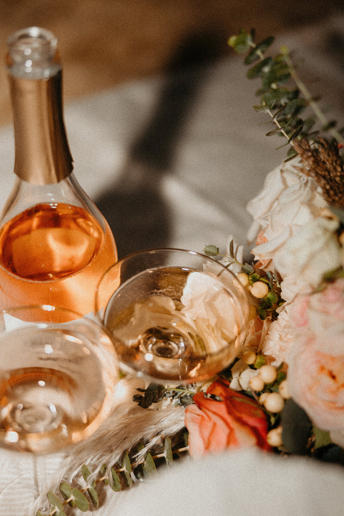 California Sunset Cliffs Elopement champagne and floral details