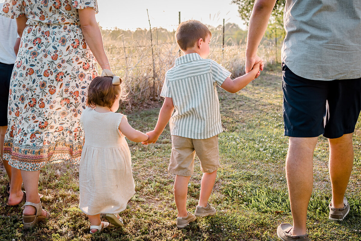 A family holding hands walking away in the distance during sunset photoshoot.