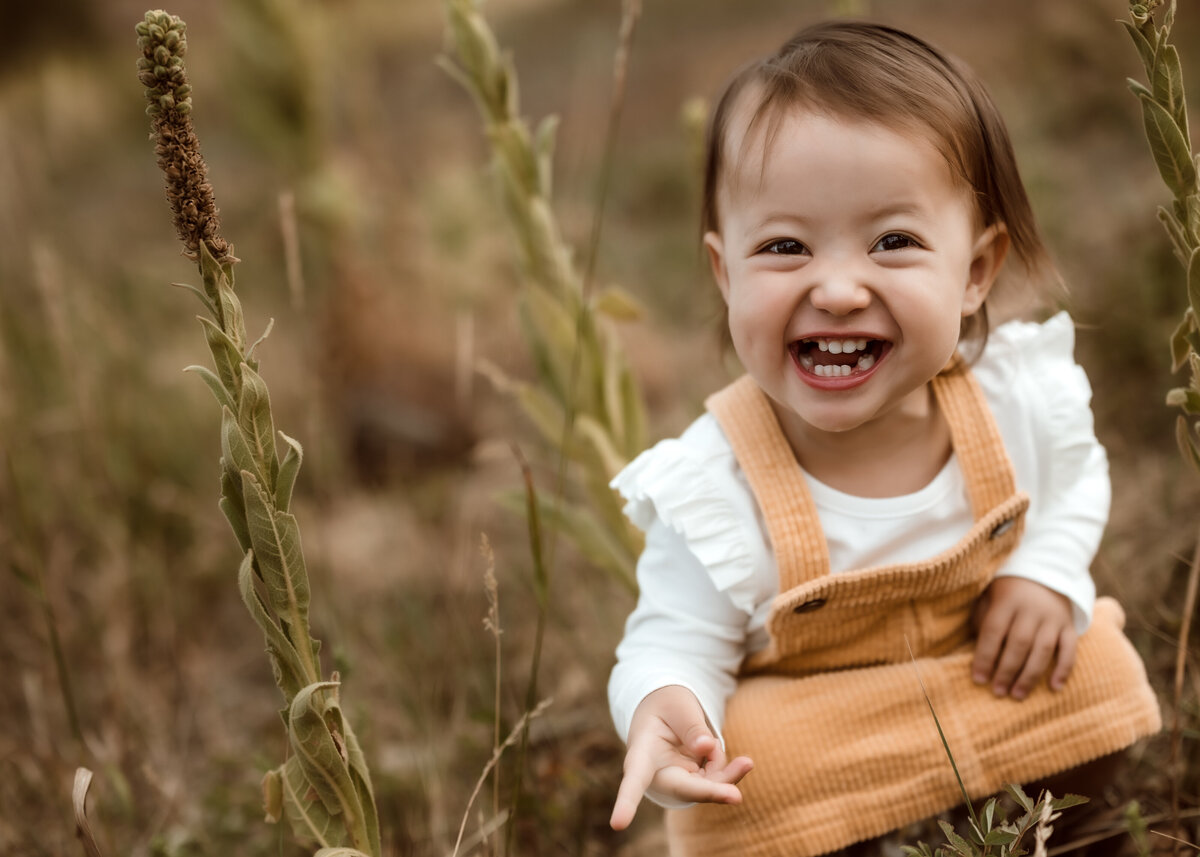 Toddler girl playing in a field during family photos in Denver Colorado at sunset