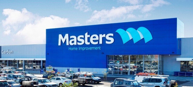 Exterior view of the Masters Home Improvement Store in Wagga Wagga, NSW, built by Serlana Constructions — featuring large retail signage, modern architecture, and a spacious car park.