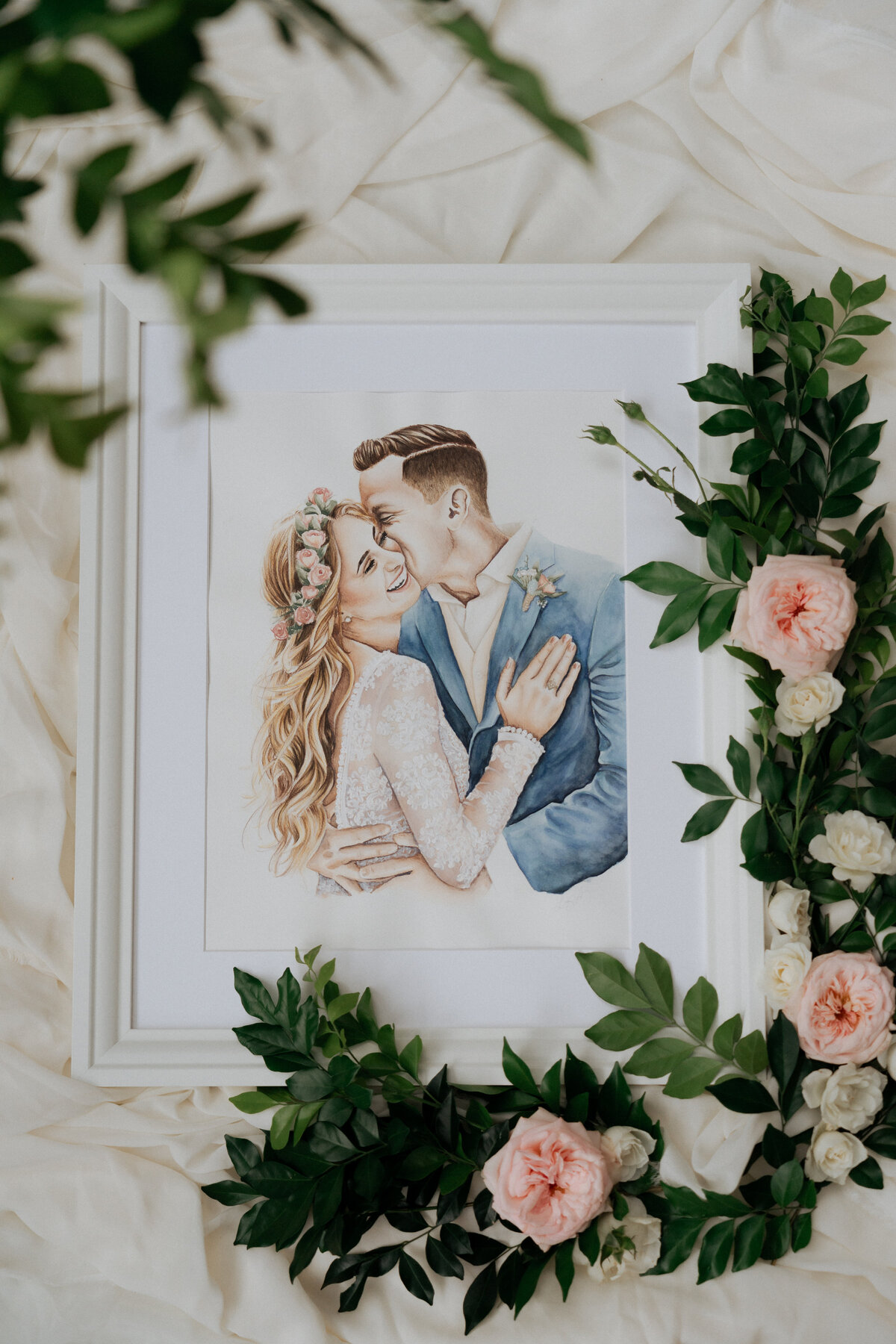 wedding-portrait-pink-flower-crown-blue-suit