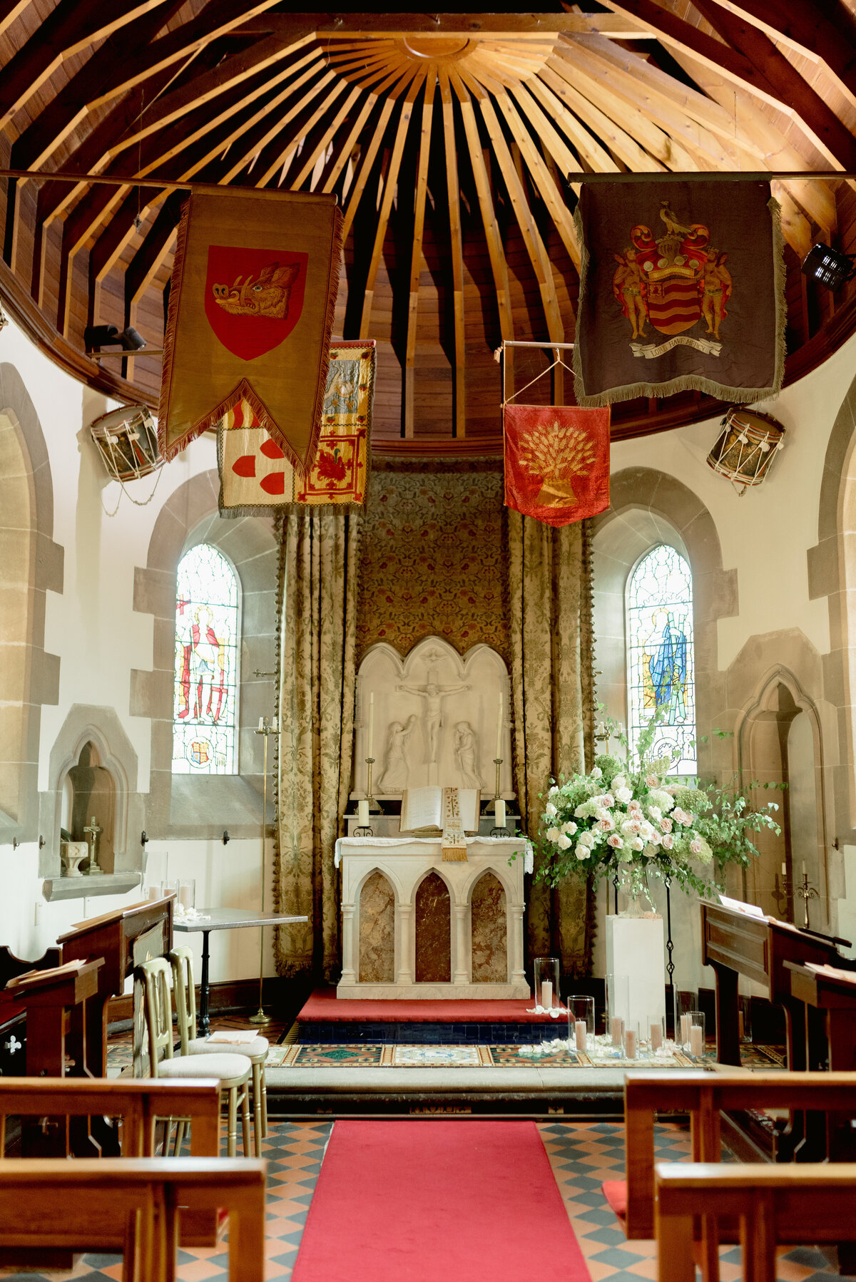 Cromlix House Chapel interior florals by Lavender and Rose Events, wedding in Cromlix House Scotland.