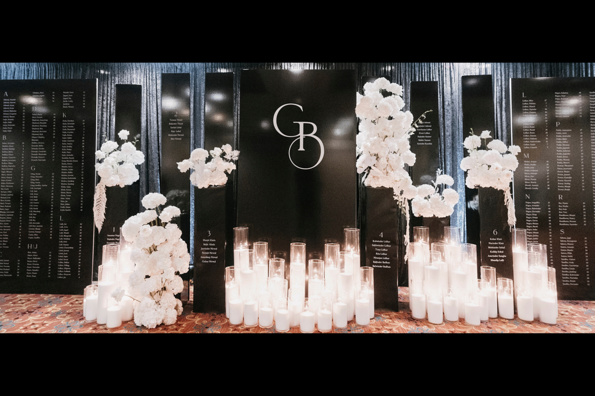kavita-mohan-black-white-reception-seating-chart-flowers-candles