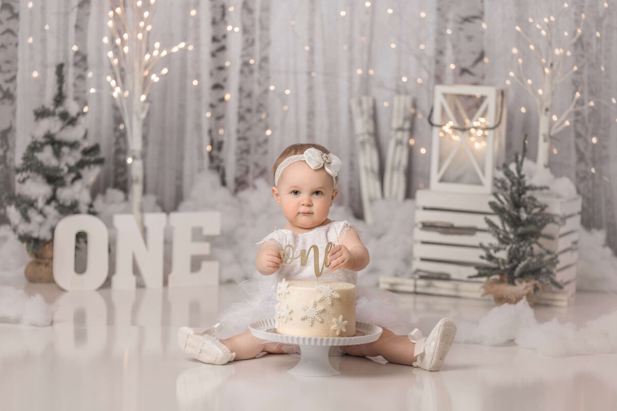 One year old girl with cake on winter themed backdrop