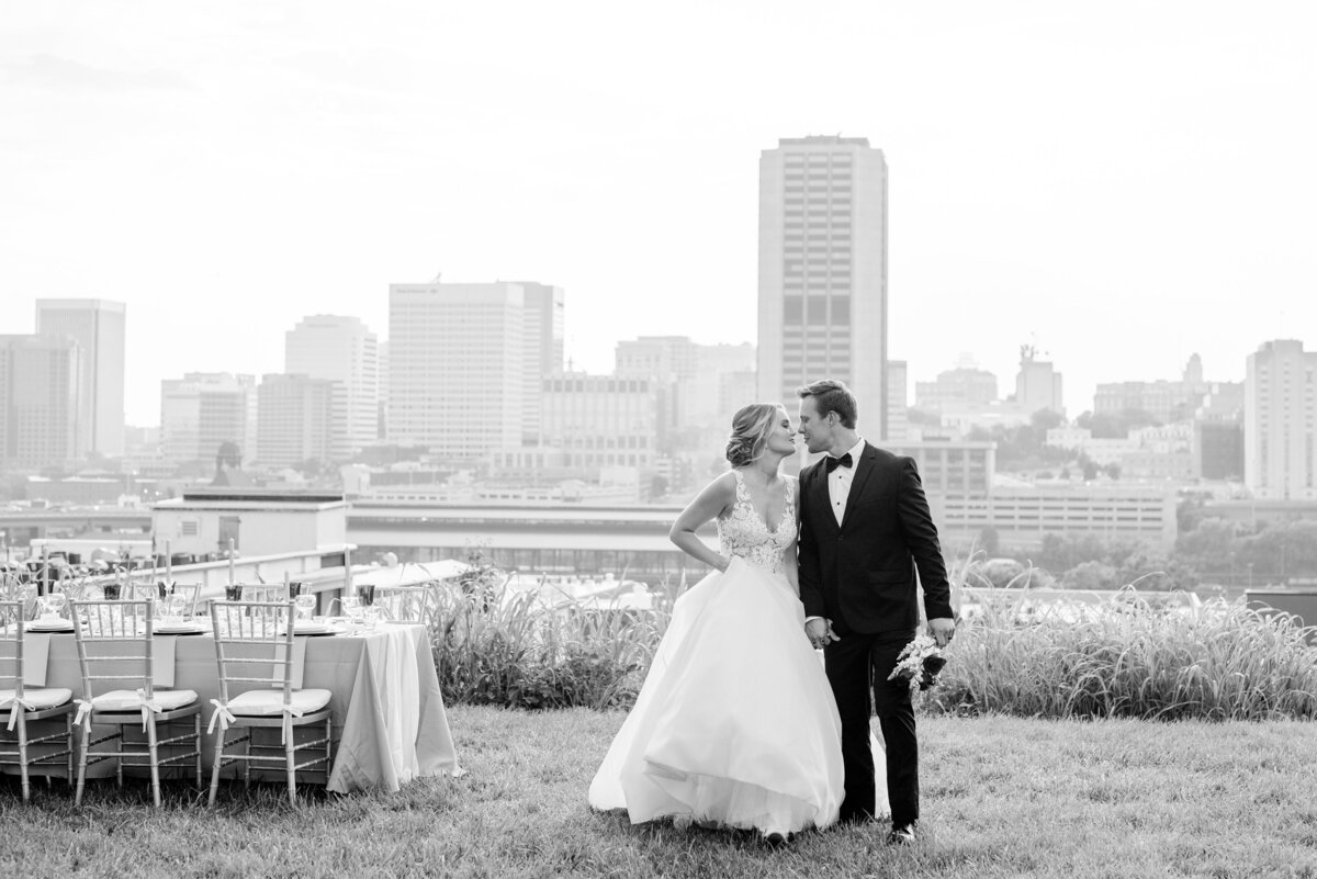 Bride and groom in front of skyline during Richmond Virginia wedding day