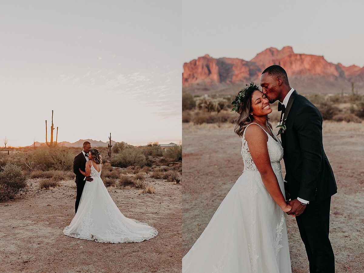bride and groom hold hands and kiss at sunset in the desert