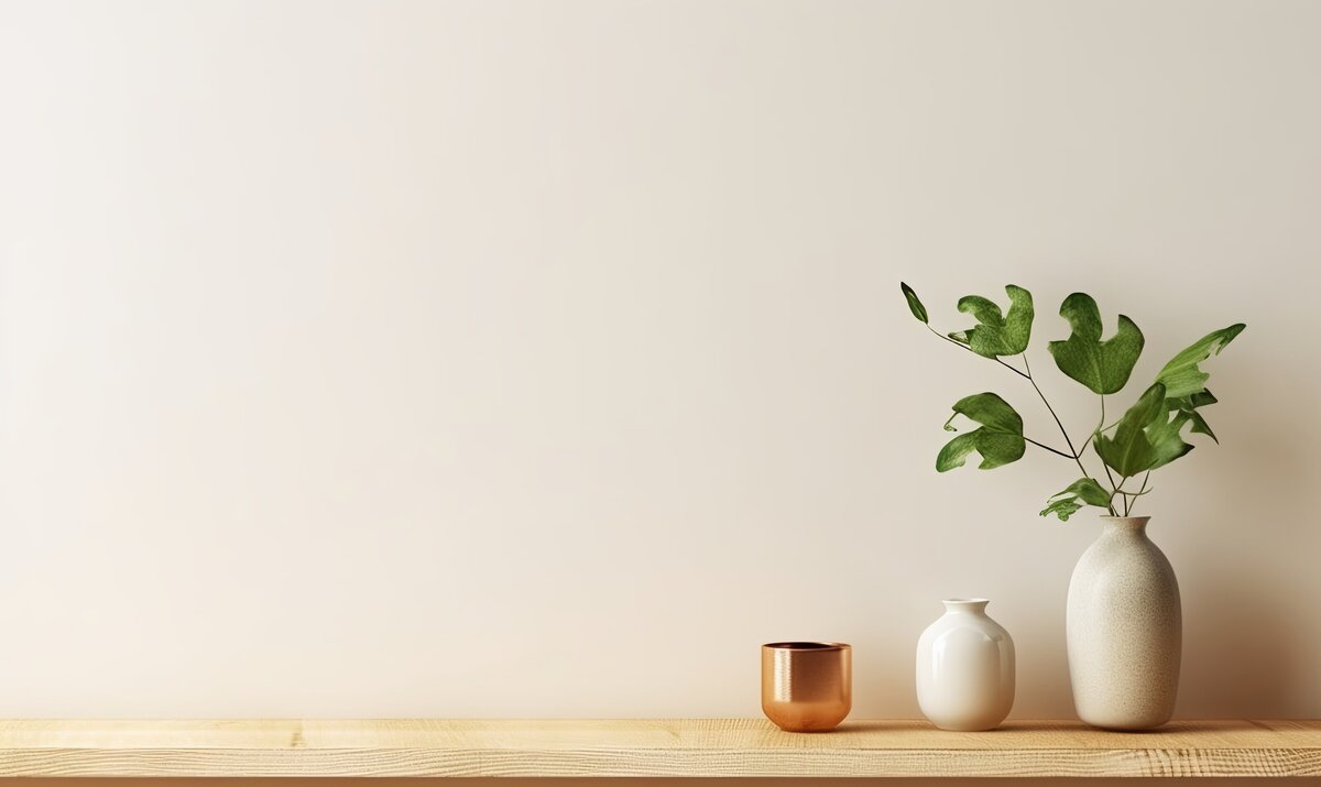 Neutral-toned shelf with ceramic vases and greenery, adding a calming aesthetic to LivingTree Clinical Massage and Skin treatment space