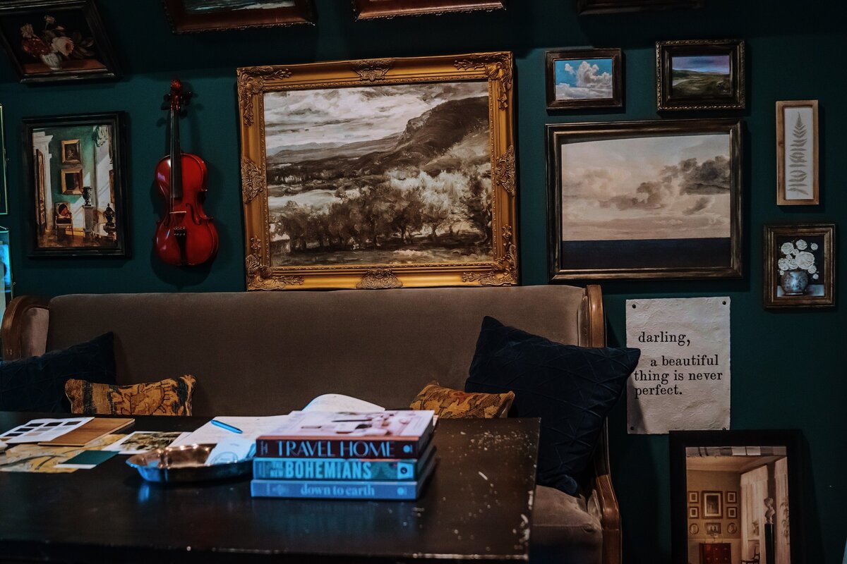 Gallery wall and sofa bench with table