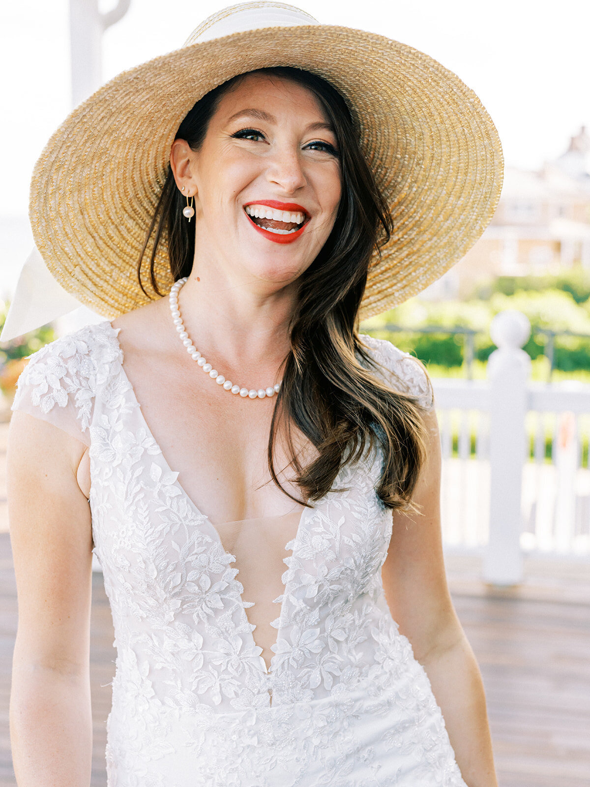 erica-renee-beauty-hair-and-makeup-duo-traveling-team-Ocean-House-Watch-Hill-Westerly-Wedding-Red-Lip-down-hairstyle-chic-modern-summer-bridal-hat-sun-hat