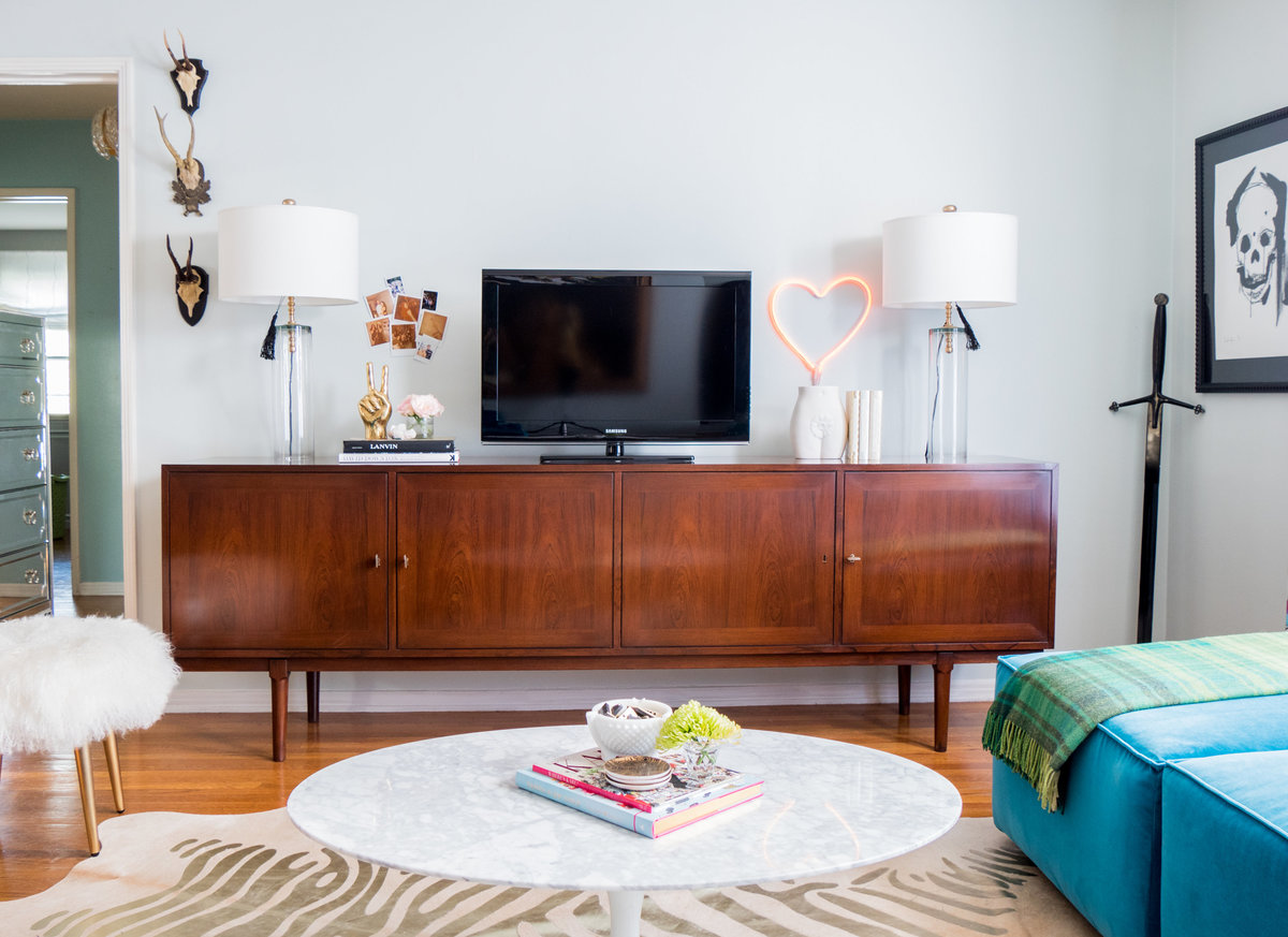 Mid century modern rosewood walnut credenza with TV over