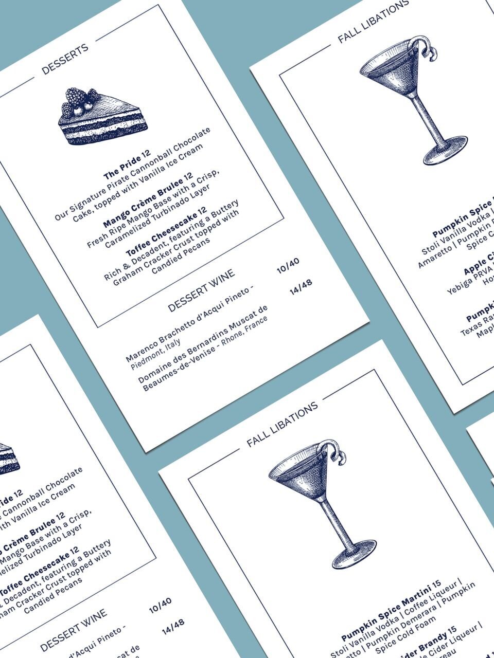 Illustrated seasonal dessert and cocktail menus designed with hand-drawn artwork and a consistent restaurant brand aesthetic.