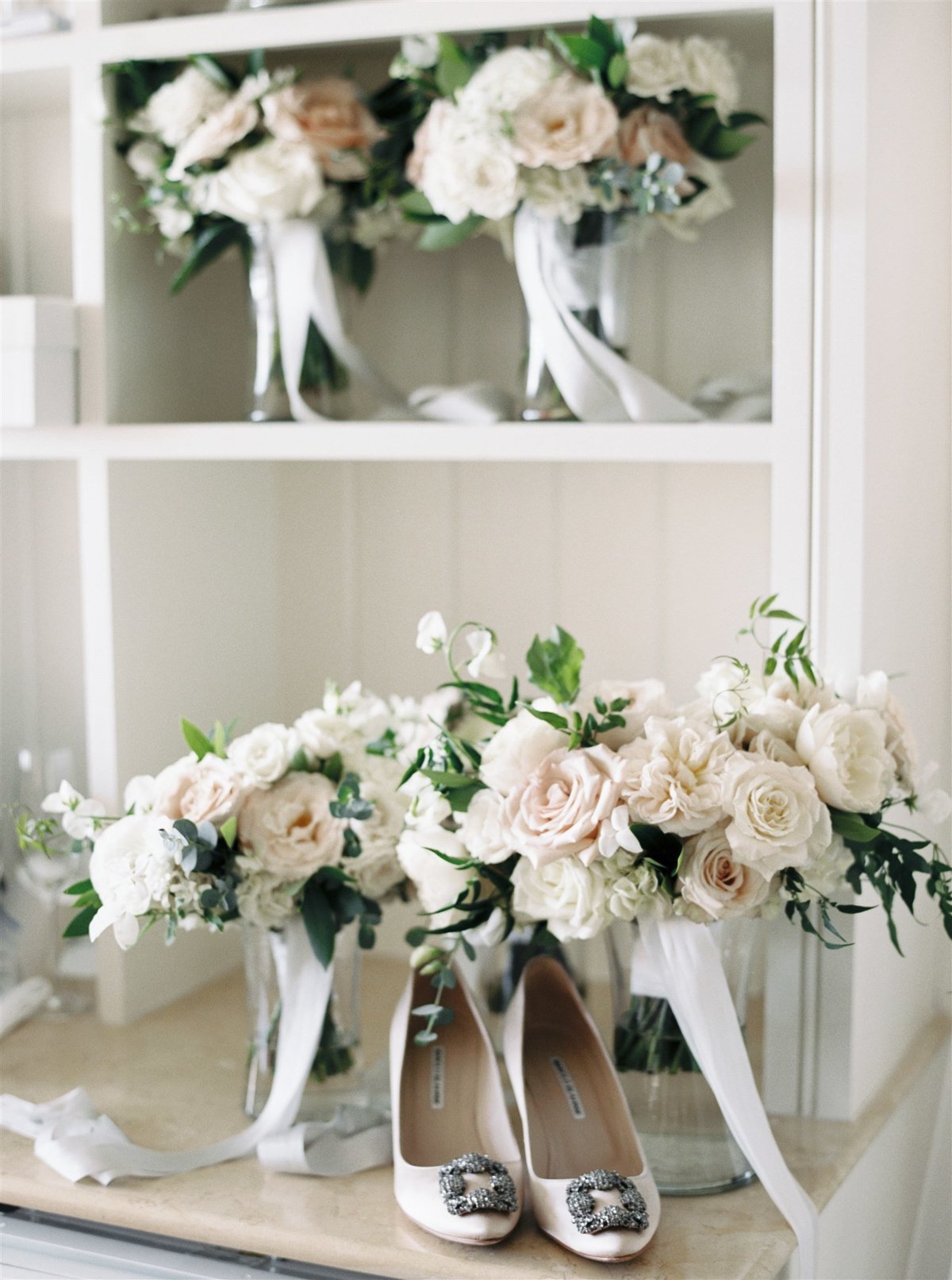 Manolo Blahnik shoes and garden inspired bouquets for a Cape Cod Wedding by luxury Cape Cod wedding planner and designer Always Yours Events