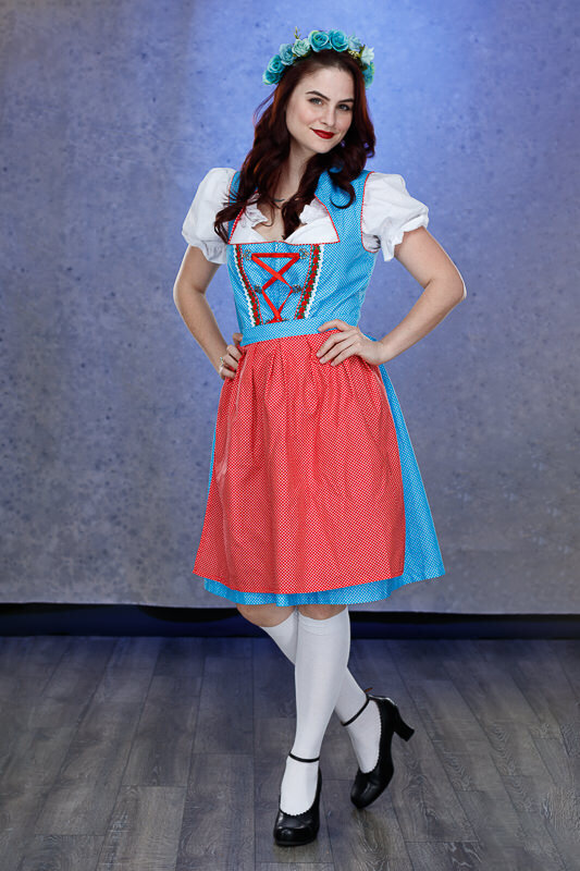 Woman-Blue-Dress-Red-Apron-Floral-Crown