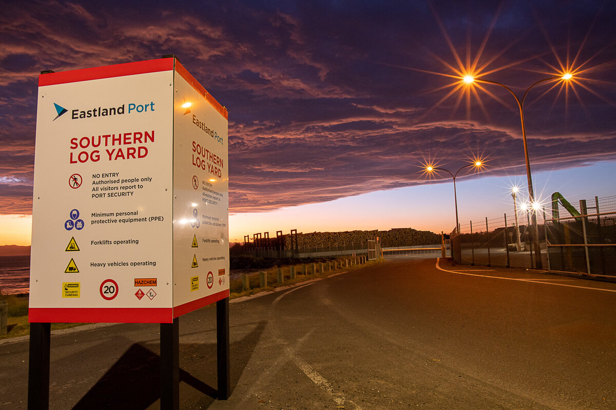 Sign marking the Gisborne Eastland Port Entrance- Twilight Hours