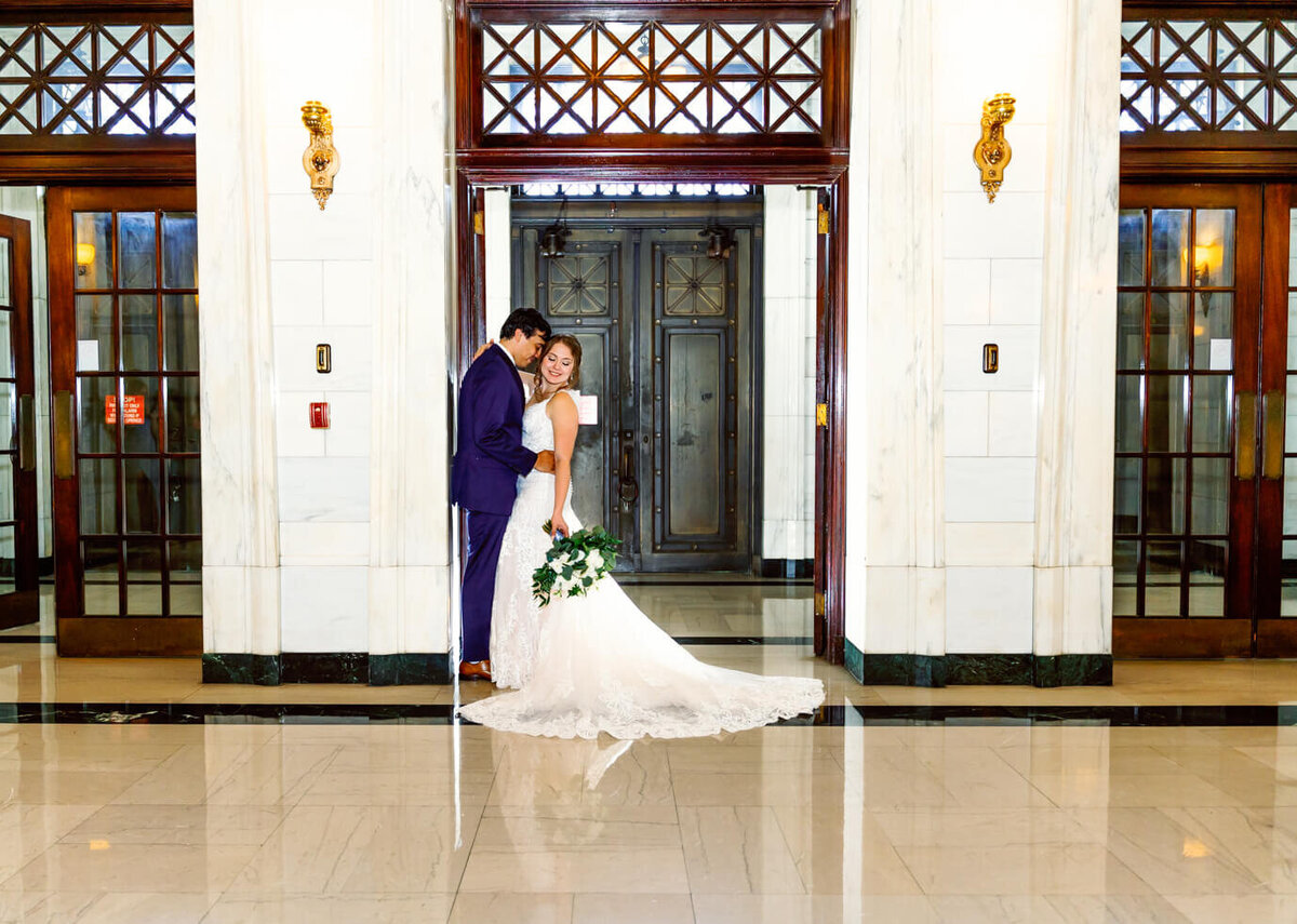 Indoor Bride and Groom portraits inside the Dayton Masonic Temple