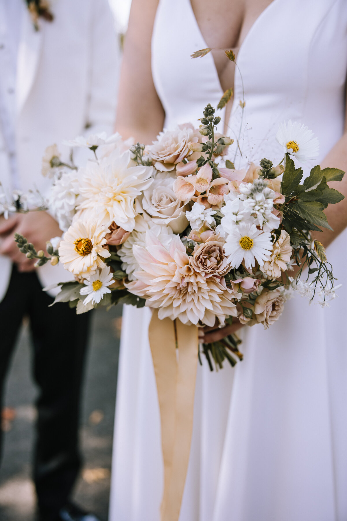 Closeup of a bridal bouquet made by Gold Dust Floral at the Edgewood Country Club.