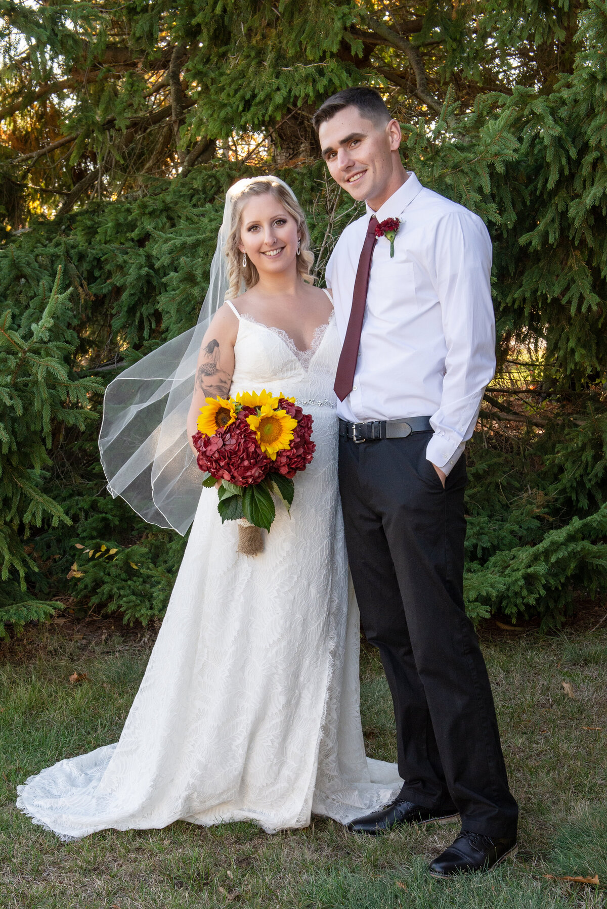 Bride and Groom at their fall wedding in Wells Maine