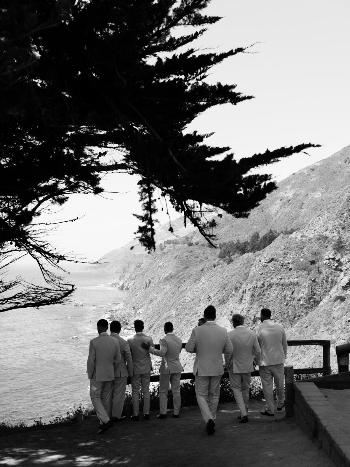Groomsmen overlooking beach at California wedding