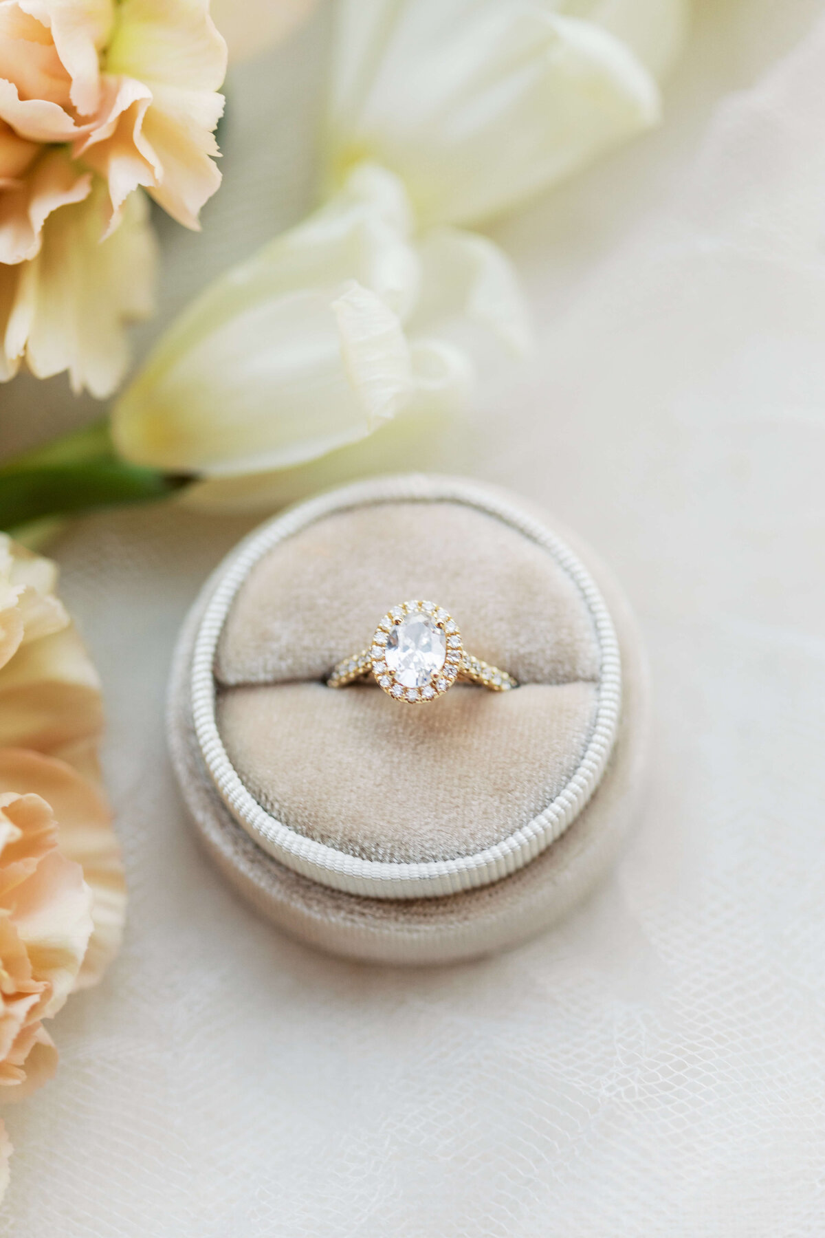 Beautiful diamond ring sitting in oval velvet ring box.