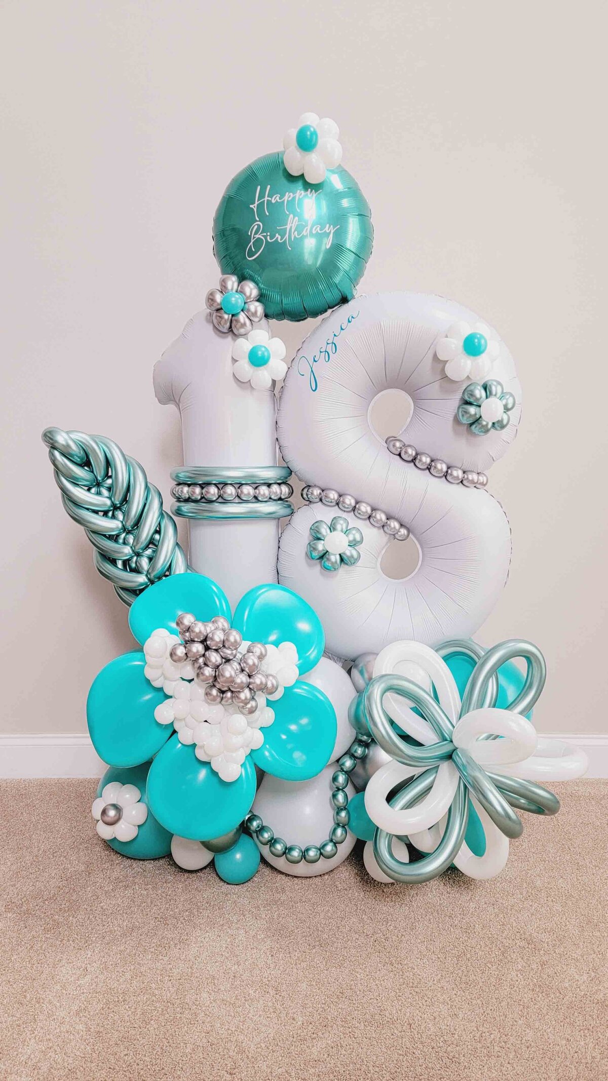 Premium Balloon Bouquet in a sophisticated white and blue theme. The premium touch of our expertly crafted balloon artistry, creating a memorable and stylish