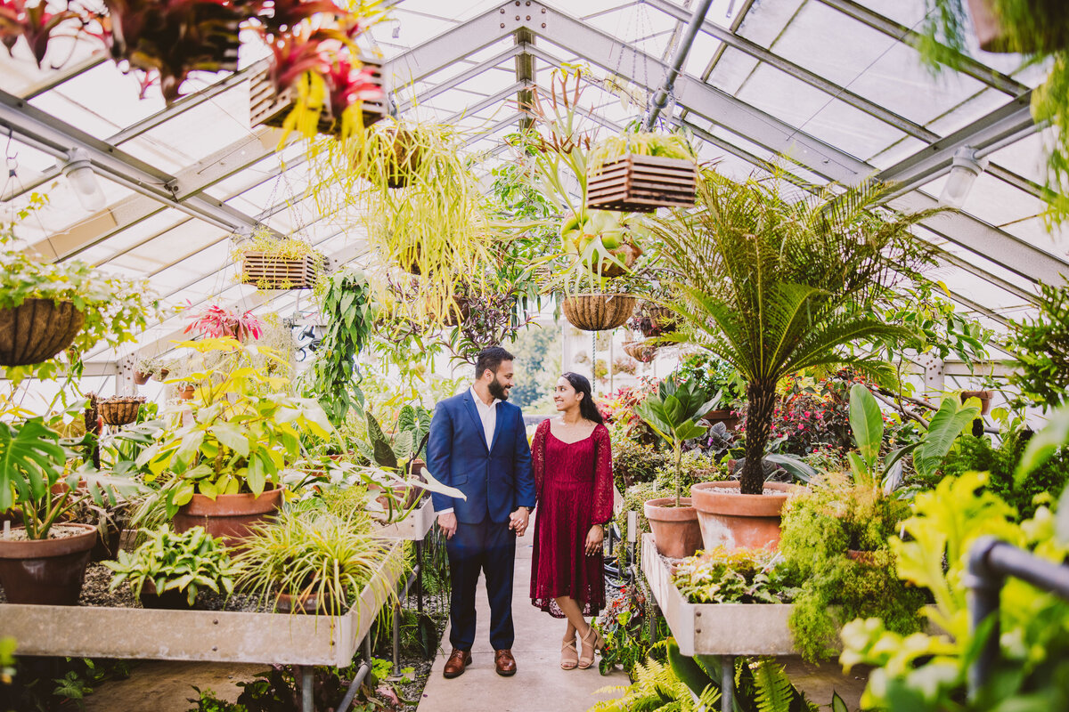 An engaged couple standing inside the green house at the wave hill gardens in ny