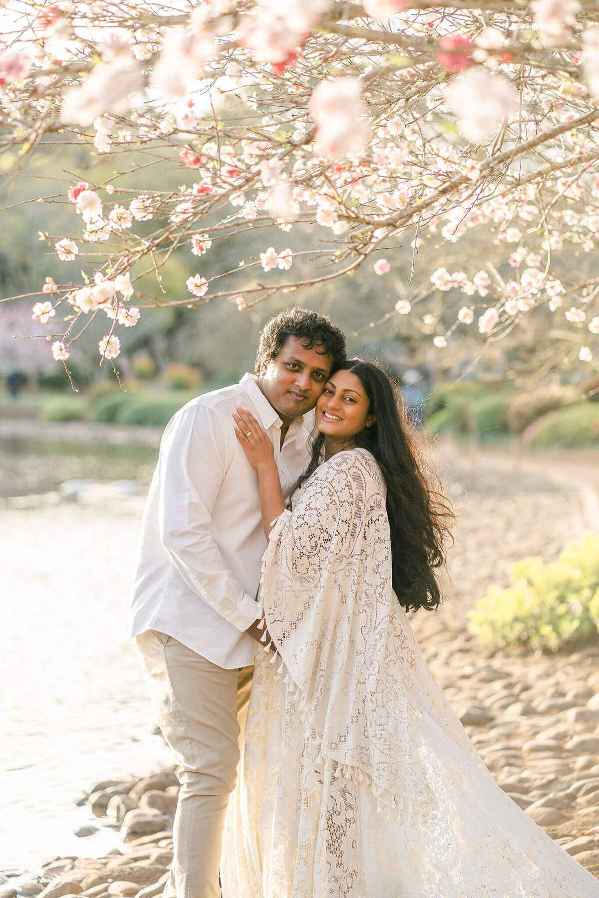 Couple having maternity photos done at Brisbane's cherry blossom garden, candid lifestyle photography by hikari lifestyle photography.
