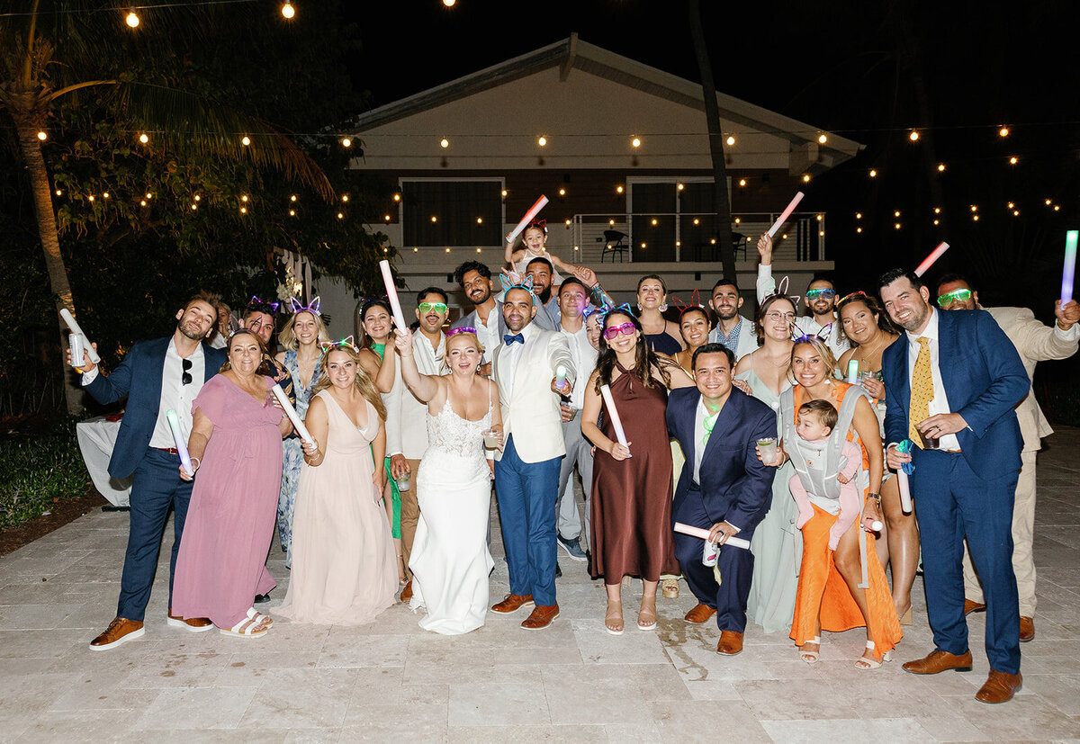 Celebratory group photo with wedding guests at La Siesta Marina Resort, Islamorada.