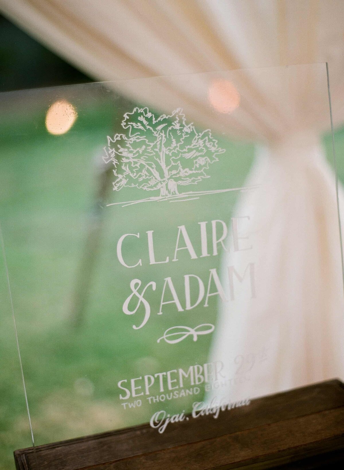 Claire and Adam transparent wedding sign