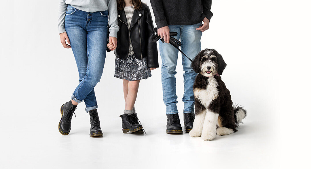 award winning photo of kids with their bernedoodle puppy.