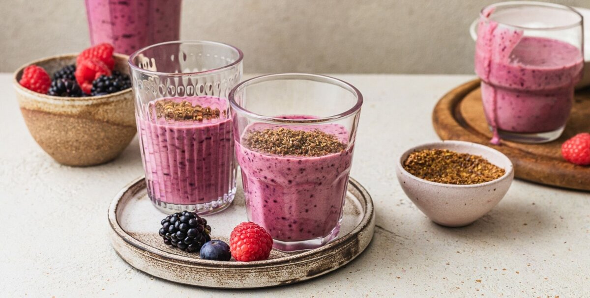 Berry glow smoothie with whey protein and flax, designed to support skin health and  hormone balance in women 40+