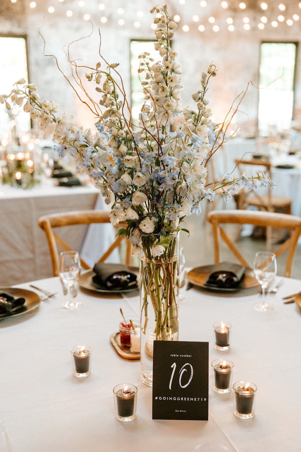 Love & Luster Floral Design Mt Washington Mill Dye House wedding white and blue delphinium tall vase centerpiece