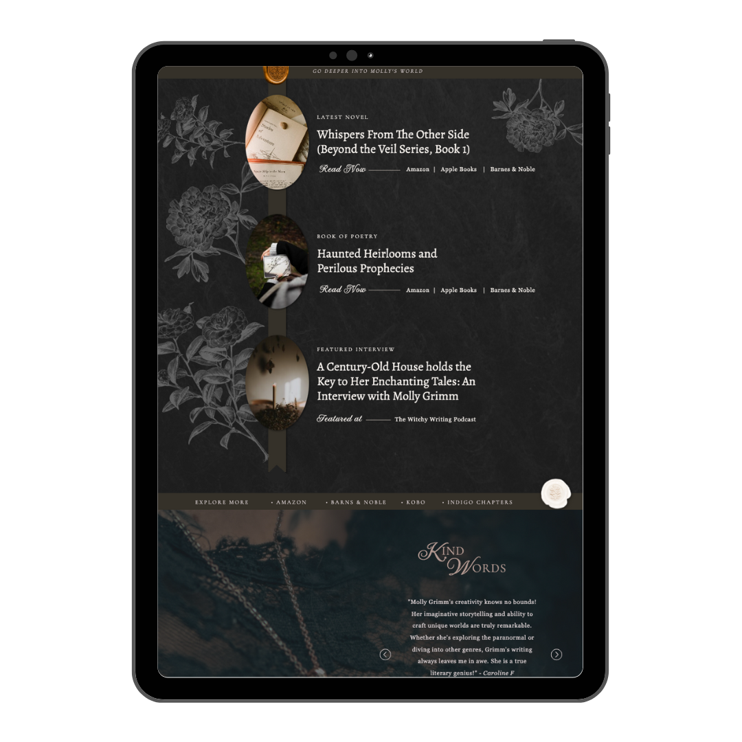 author book showit template dark moody academia  a season of stories web design