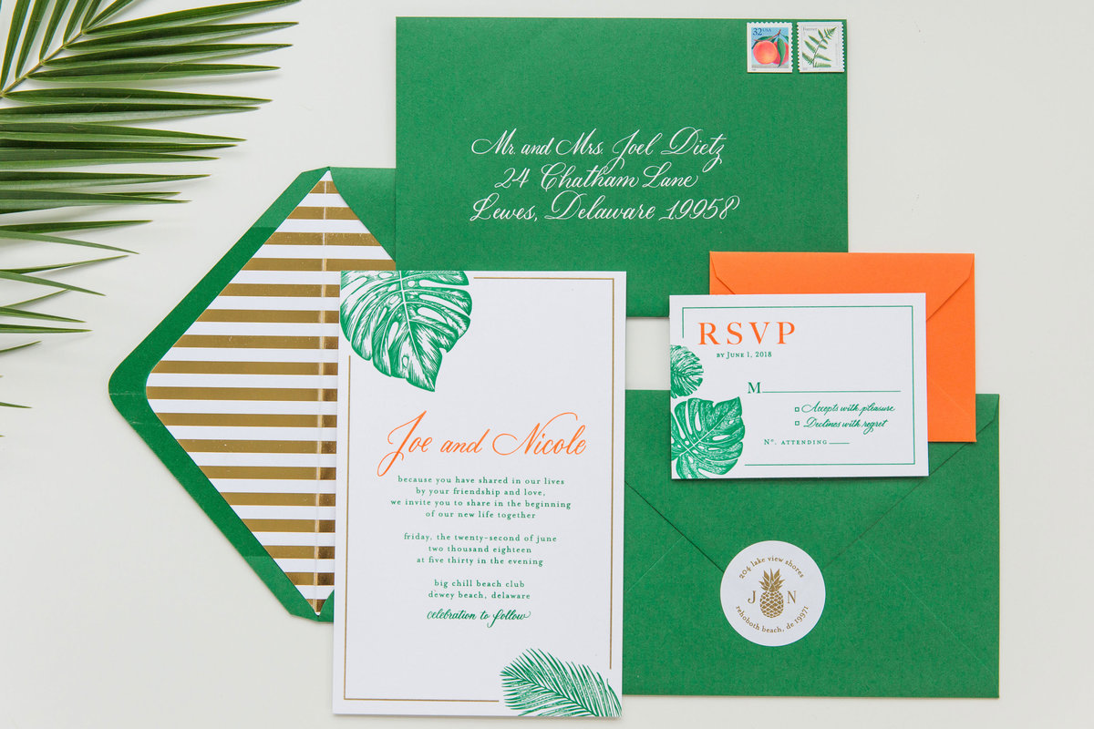 Lewes Lettering Co colorful monstera inspired wedding inviations