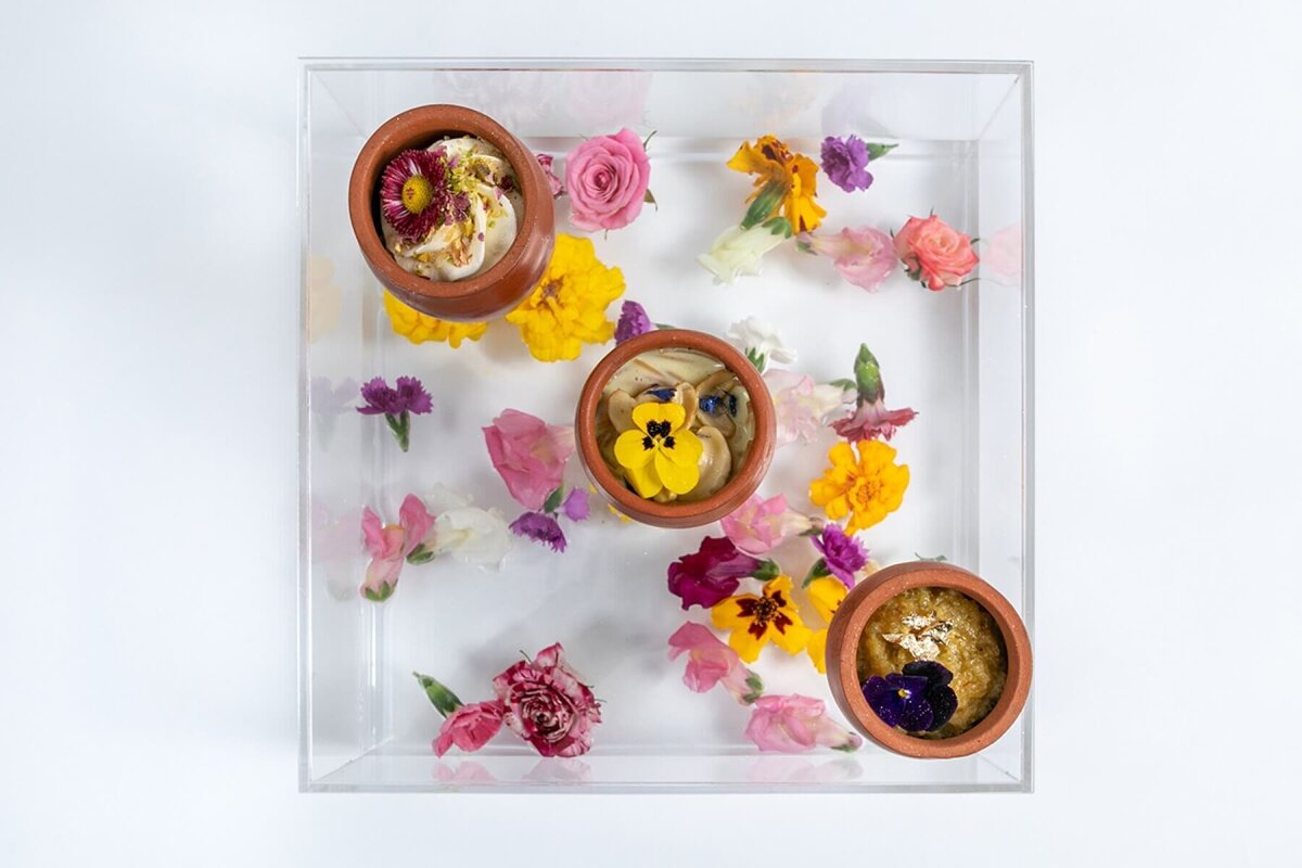 Mini dessert pots on a floral box