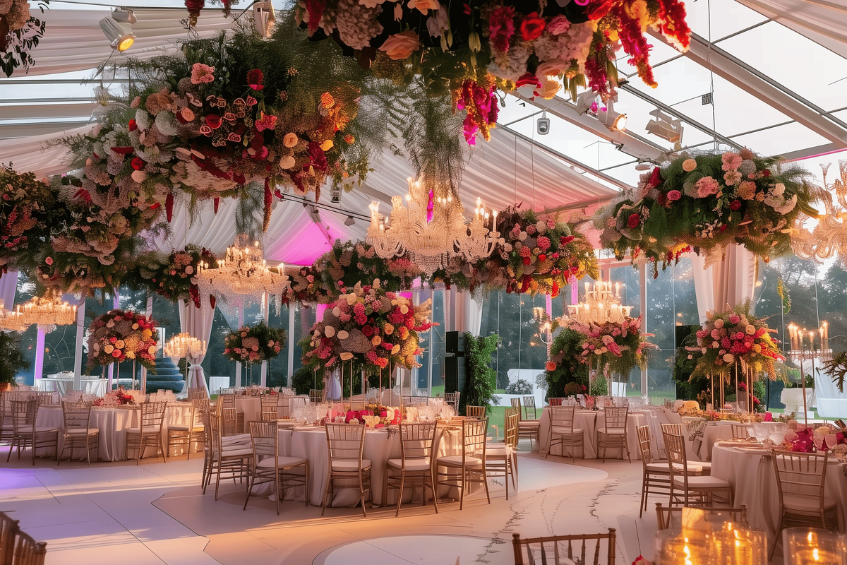 Abundant Floral Event or wedding reception in a glass marquee