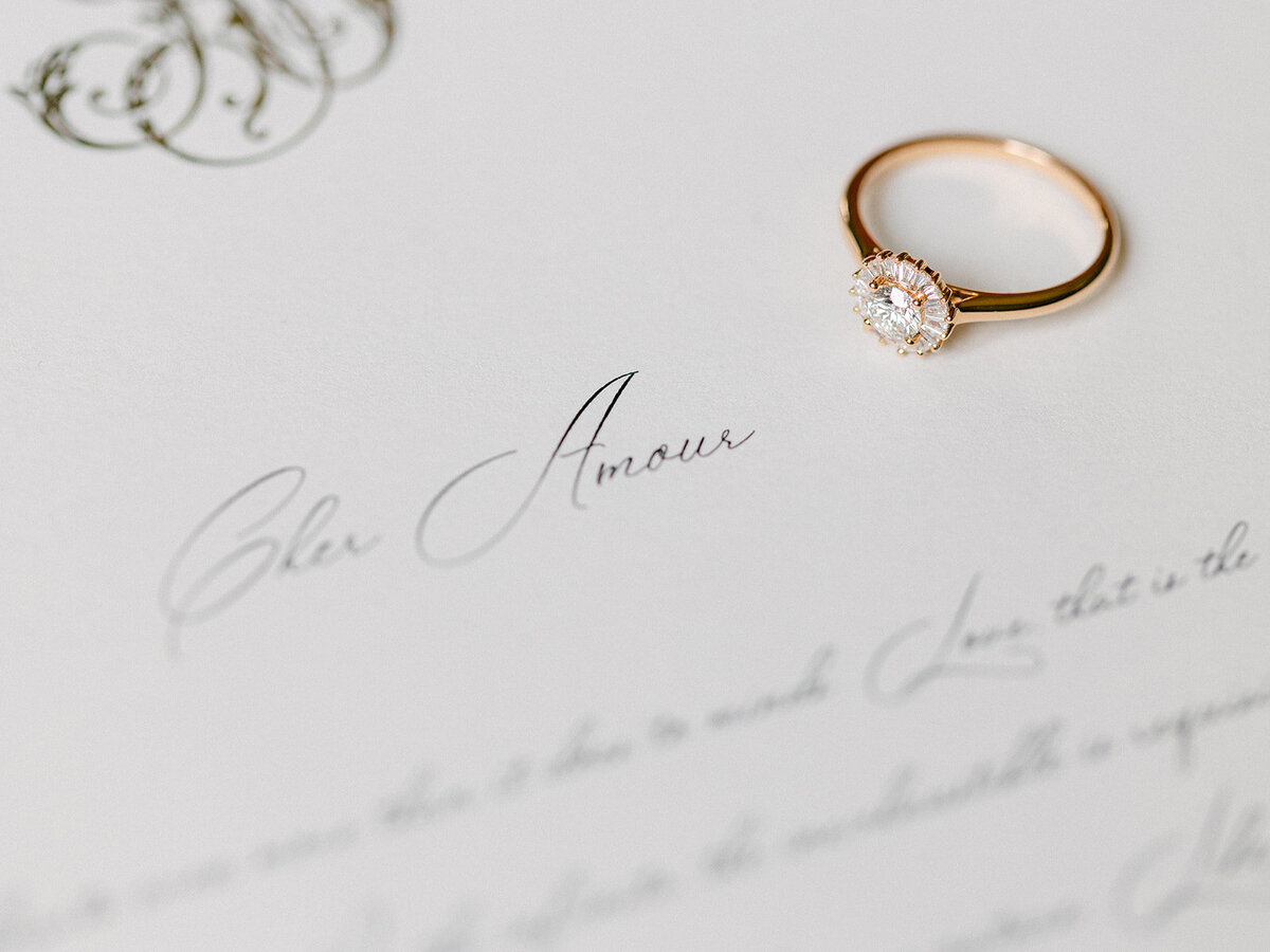 wedding ring on a love letter beginning by Cher Amour