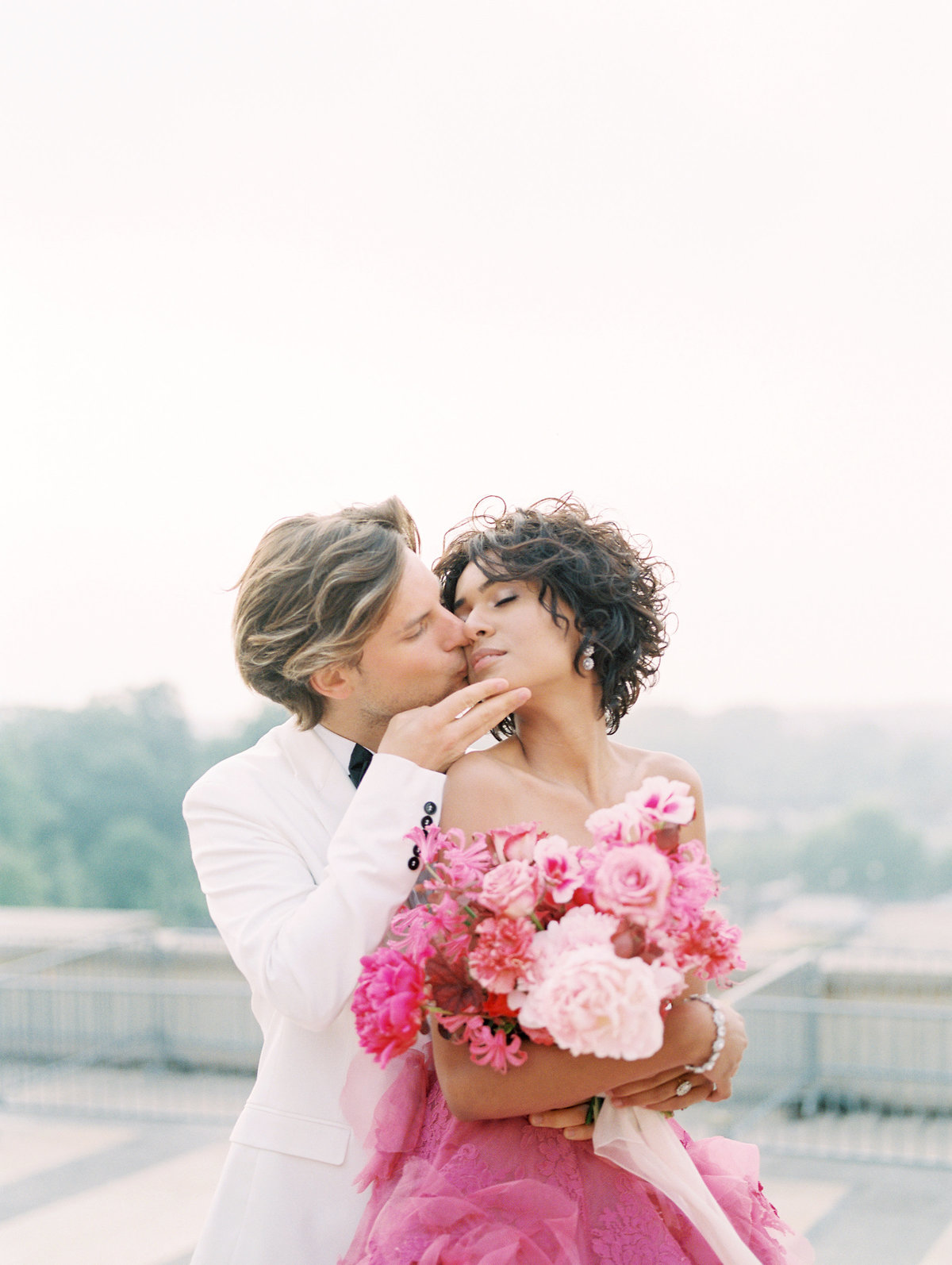 Elopement in Paris France - Marchesa Gown with Pink florals
